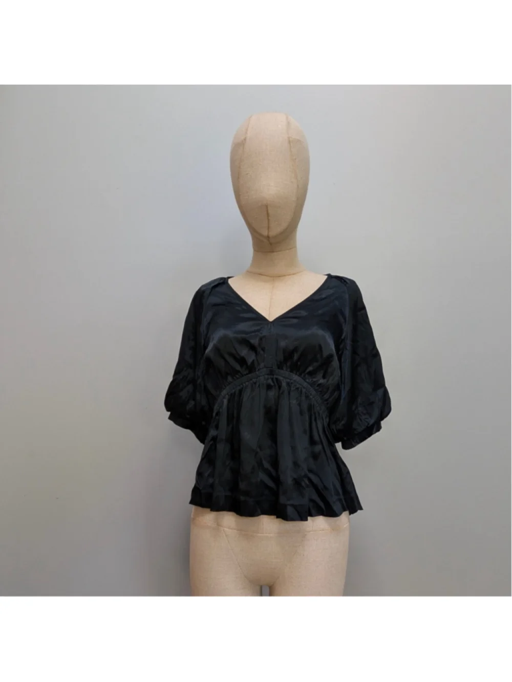 Madewell Shirred Puff-Sleeve Satin Black Top - Small